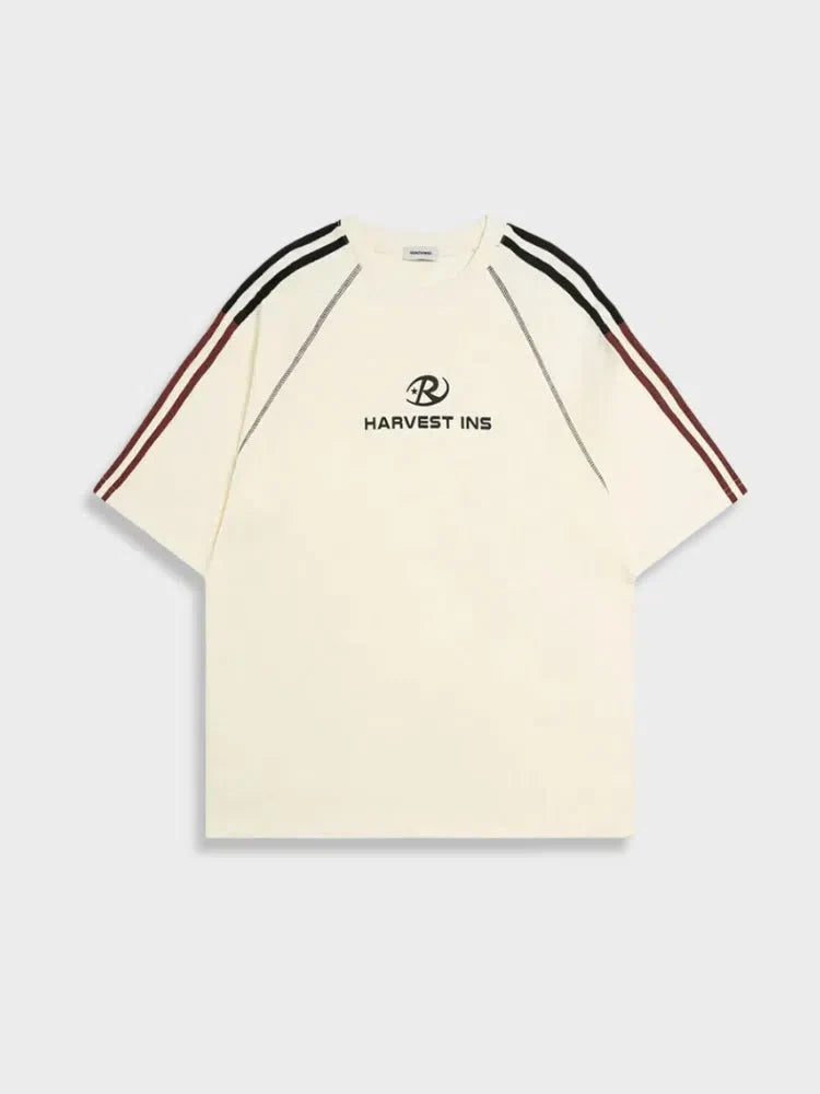 BLACK T-SHIRT WITH STRIPED SLEEVES - HARVEST INS TEE