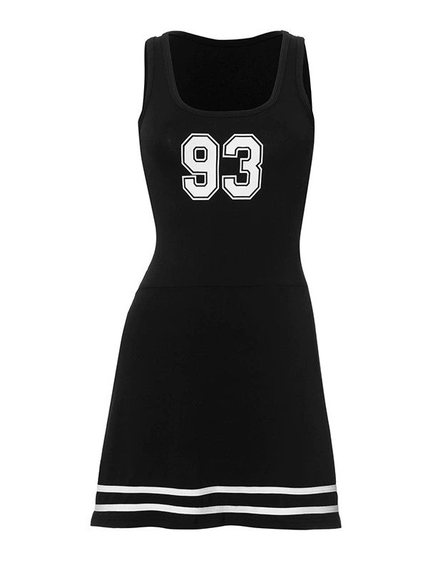 BLACK TANK DRESS WITH WHITE STRIPES RETRO DIGITAL PRINT
