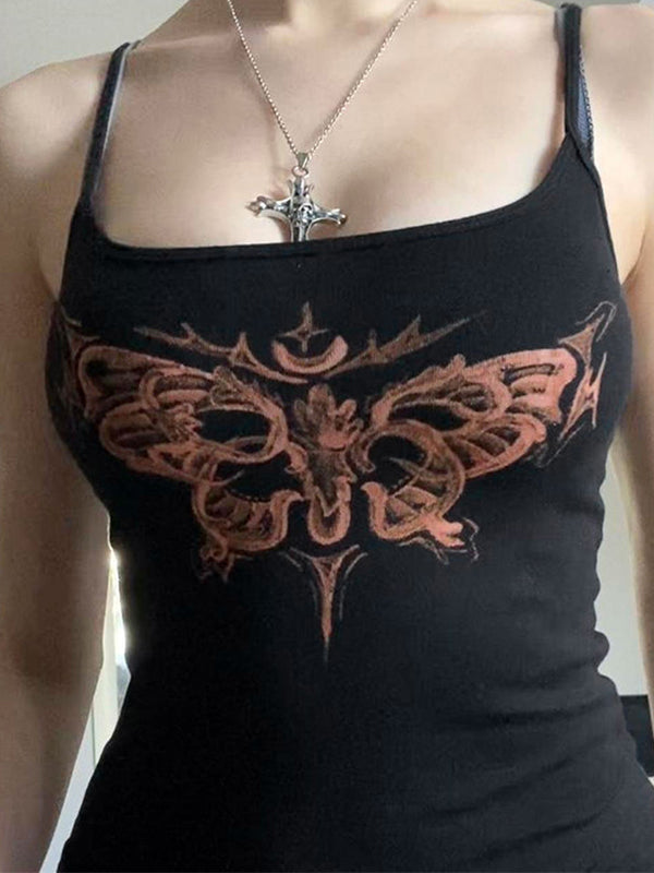 BLACK TANK TOP WITH BUTTERFLY DESIGN SLIM FIT VINTAGE STYLE