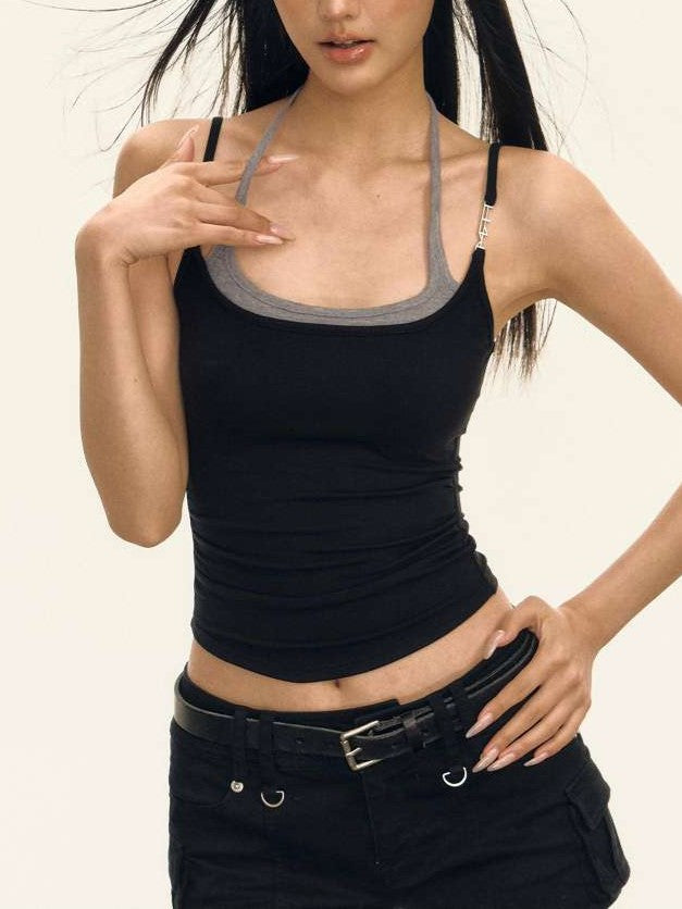 BLACK TANK TOP WITH GRAY TRIM FAKE TWO PIECE DESIGN