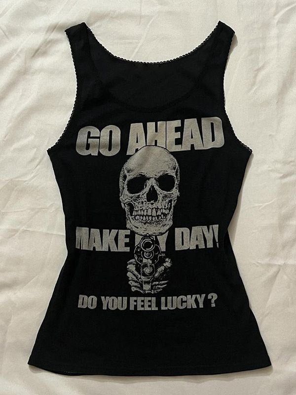 BLACK TANK TOP WITH SKULL GRAPHIC - GRUNGE BLACK TANK FASHION