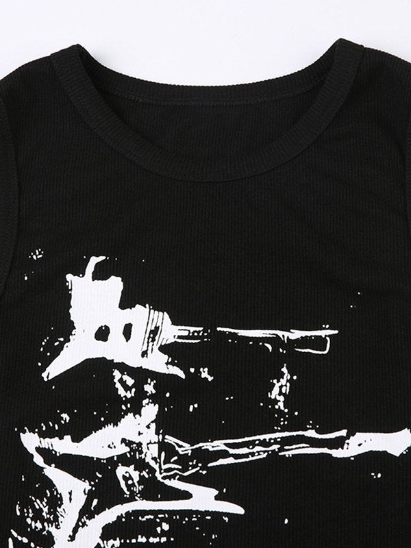 BLACK TANK TOP WITH WHITE GRAPHIC - BLACK RIBBED CROP