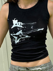 BLACK TANK TOP WITH WHITE GRAPHIC - BLACK RIBBED CROP