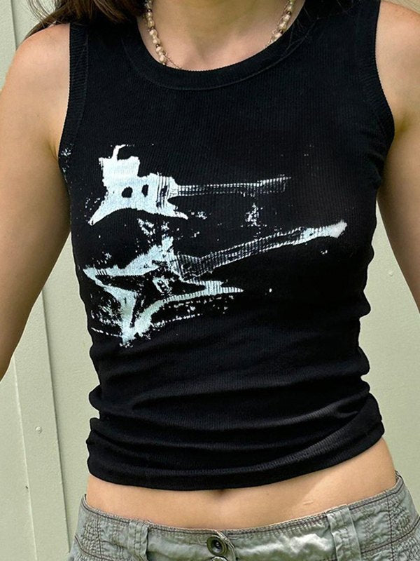 BLACK TANK TOP WITH WHITE GRAPHIC - BLACK RIBBED CROP
