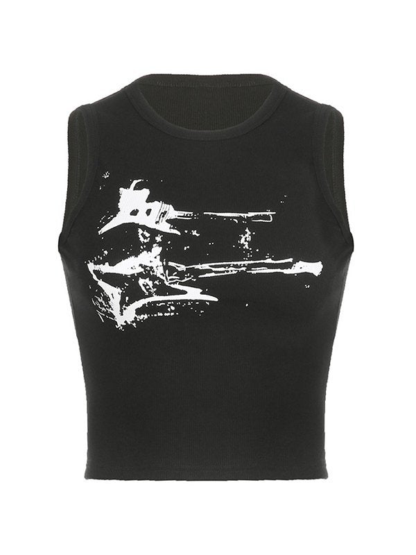 BLACK TANK TOP WITH WHITE GRAPHIC - BLACK RIBBED CROP