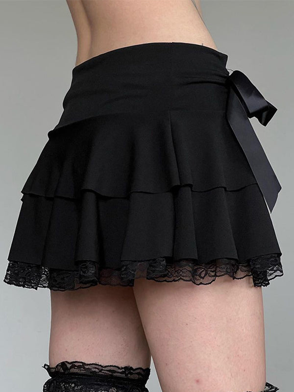BLACK TIERED MINI SKIRT WITH LACE TRIM VINTAGE SLIM FIT DESIGN