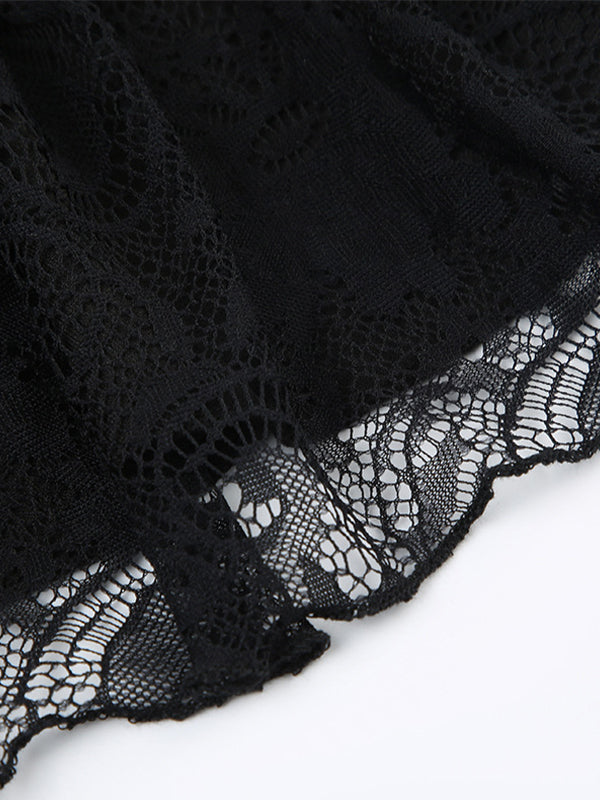 BLACK TIERED MINI SKIRT WITH LACE TRIM VINTAGE SLIM FIT DESIGN