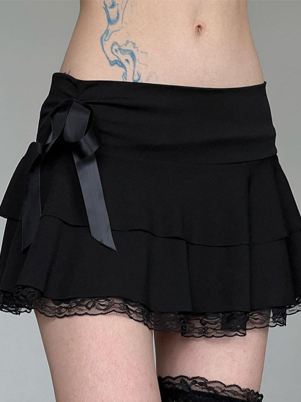 BLACK TIERED MINI SKIRT WITH LACE TRIM VINTAGE SLIM FIT DESIGN