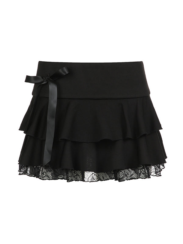 BLACK TIERED MINI SKIRT WITH LACE TRIM VINTAGE SLIM FIT DESIGN