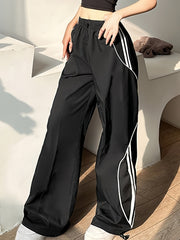 BLACK TRACK PANTS WITH WHITE STRIPES LOOSE FIT RETRO STREET STYLE