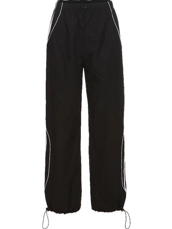 BLACK TRACK PANTS WITH WHITE STRIPES LOOSE FIT RETRO STREET STYLE