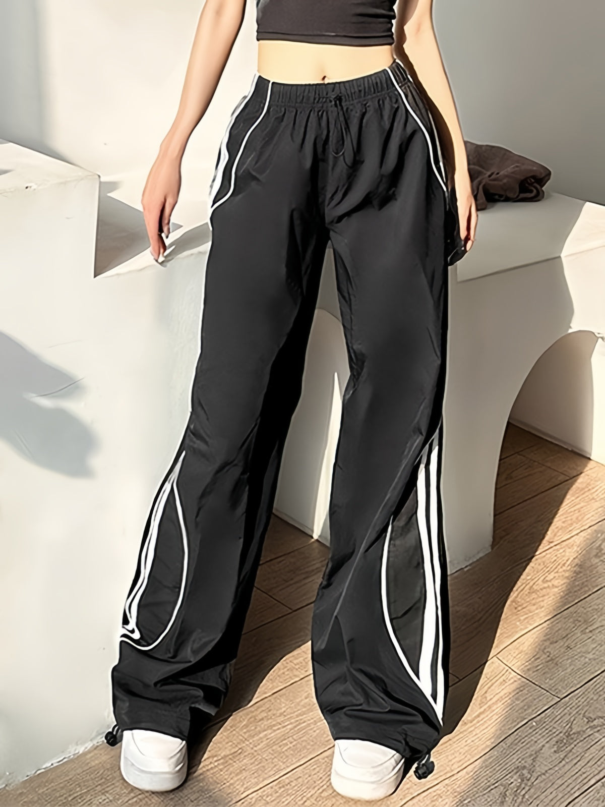 BLACK TRACK PANTS WITH WHITE STRIPES LOOSE FIT RETRO STREET STYLE