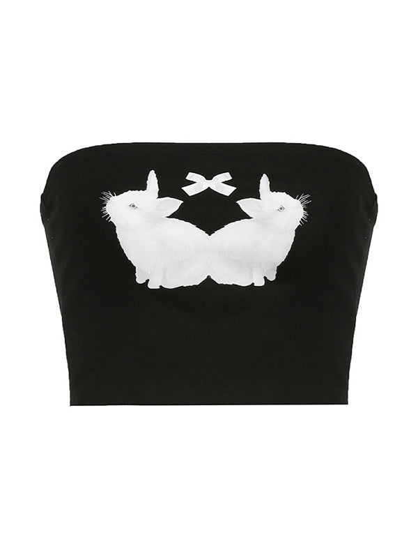 BLACK TUBE TOP WITH BUNNY GRAPHIC FOR A FIT CONTRAST Y2K LOOK