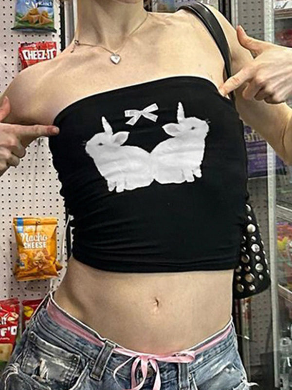 BLACK TUBE TOP WITH BUNNY GRAPHIC FOR A FIT CONTRAST Y2K LOOK