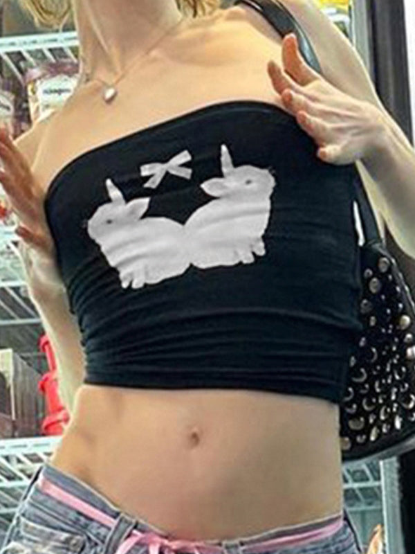 BLACK TUBE TOP WITH BUNNY GRAPHIC FOR A FIT CONTRAST Y2K LOOK