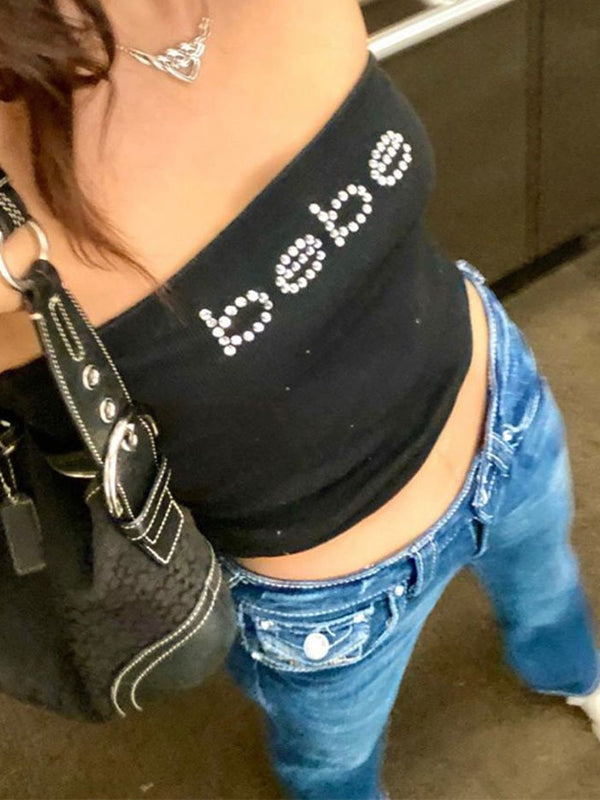 BLACK TUBE TOP WITH RHINESTONE LETTERING SLIM FIT STRAPLESS DESIGN
