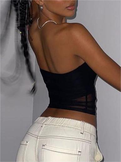 BLACK TUBE TOP WITH SHEER PANEL - BLACK PANELED MESH DESIGN
