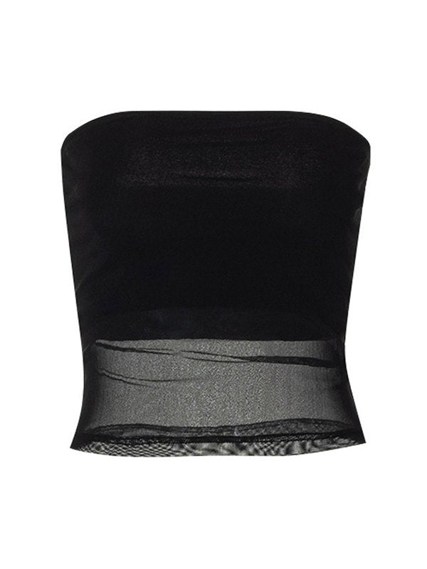 BLACK TUBE TOP WITH SHEER PANEL - BLACK PANELED MESH DESIGN