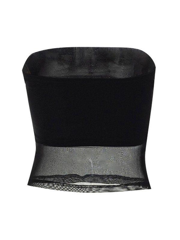 BLACK TUBE TOP WITH SHEER PANEL - BLACK PANELED MESH DESIGN