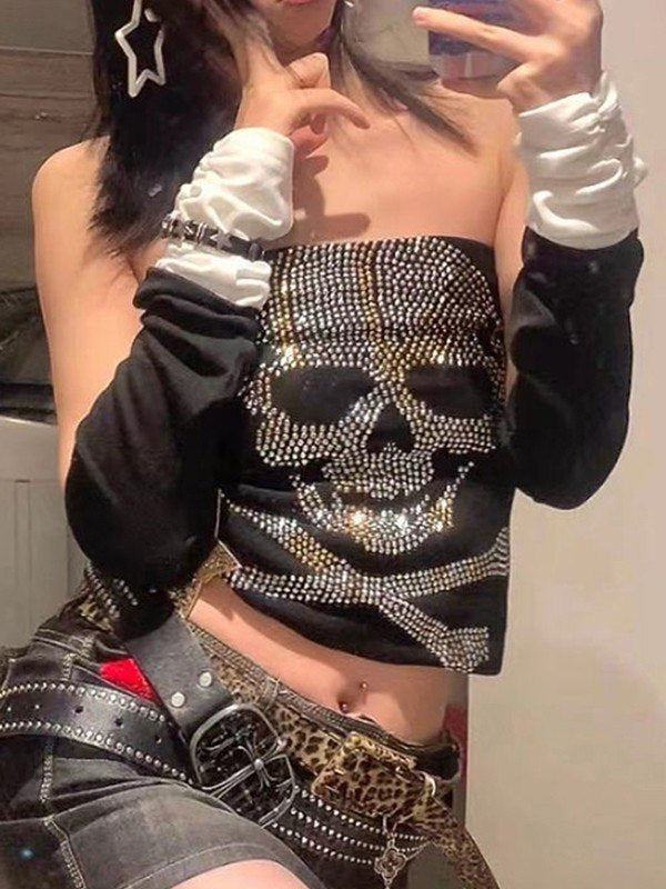 BLACK TUBE TOP WITH SKULL DESIGN - BLACK PUNK RHINESTONE STYLE