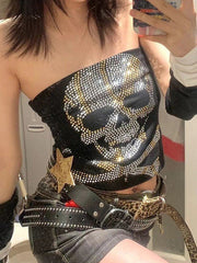 BLACK TUBE TOP WITH SKULL DESIGN - BLACK PUNK RHINESTONE STYLE