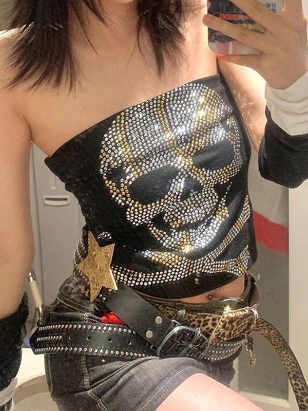 BLACK TUBE TOP WITH SKULL DESIGN - BLACK PUNK RHINESTONE STYLE