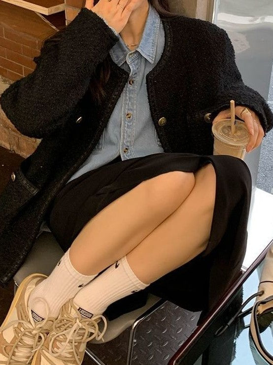 BLACK TWEED JACKET WITH GOLD BUTTONS VERSATILE LONG SLEEVE DESIGN