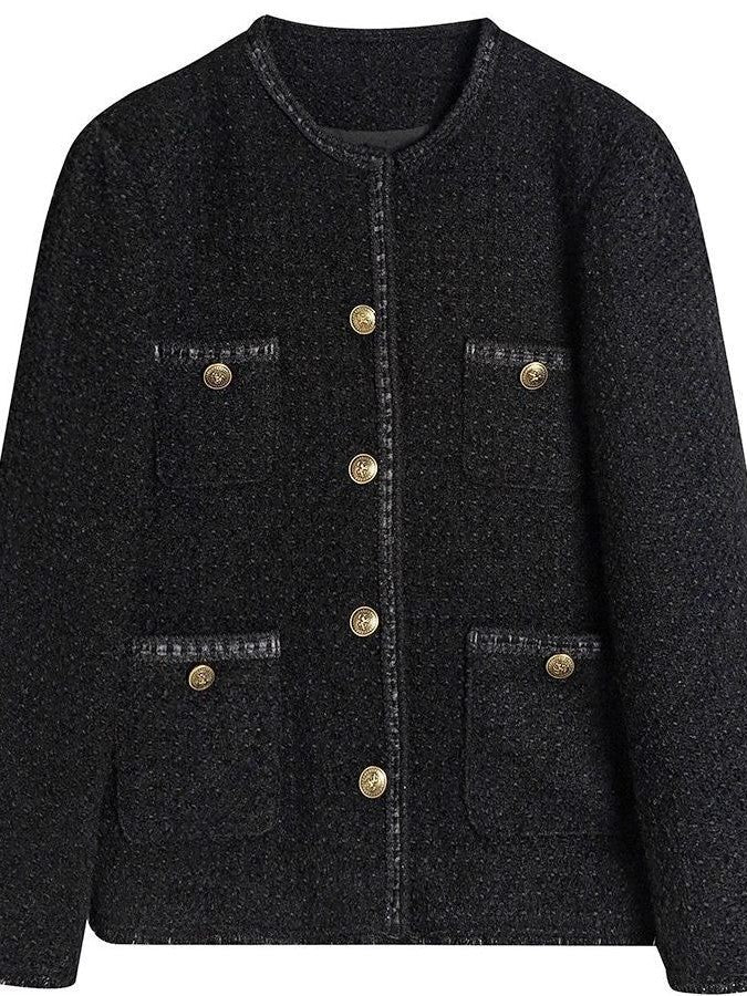 BLACK TWEED JACKET WITH GOLD BUTTONS VERSATILE LONG SLEEVE DESIGN