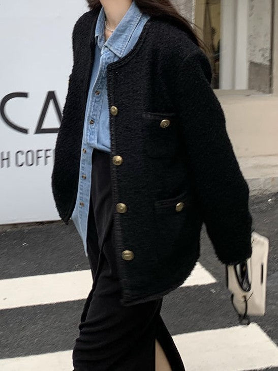 BLACK TWEED JACKET WITH GOLD BUTTONS VERSATILE LONG SLEEVE DESIGN