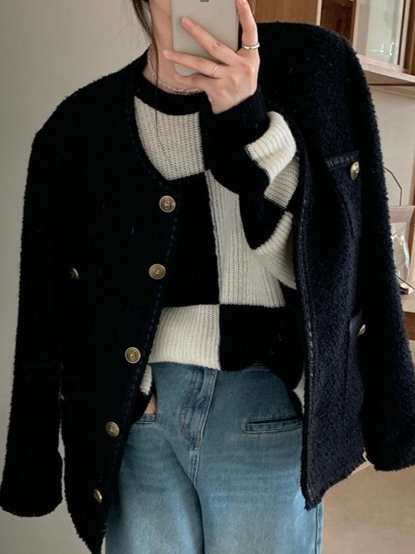 BLACK TWEED JACKET WITH GOLD BUTTONS VERSATILE LONG SLEEVE DESIGN