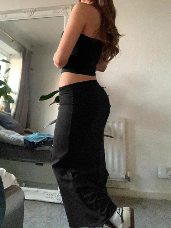 BLACK TWO-PIECE SET WITH CROPPED BANDEAU AND MIDI SKIRT