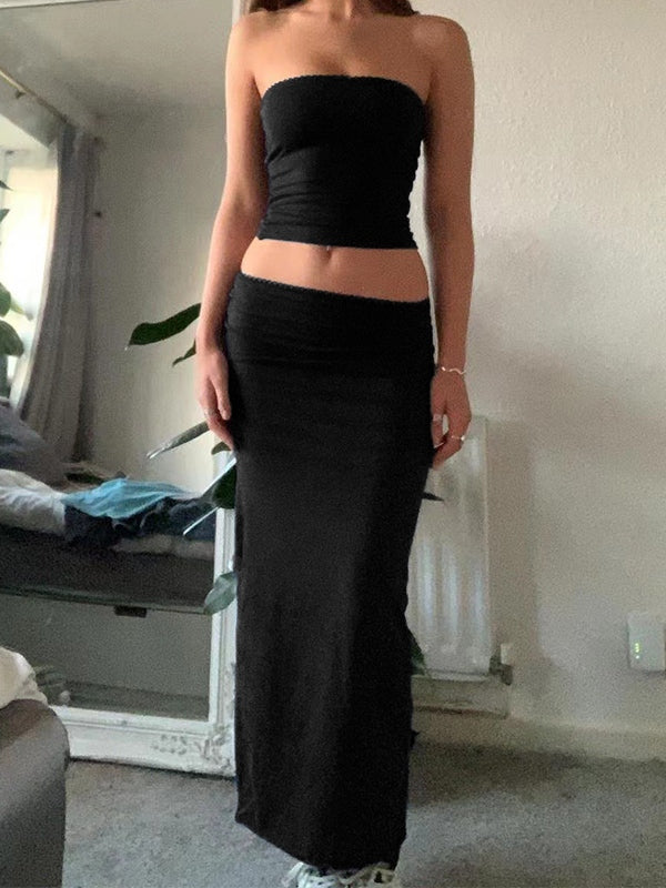 BLACK TWO-PIECE SET WITH CROPPED BANDEAU AND MIDI SKIRT