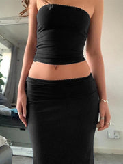 BLACK TWO-PIECE SET WITH CROPPED BANDEAU AND MIDI SKIRT