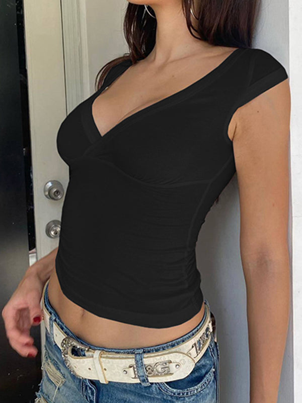 BLACK V-NECK CROP TOP WITH SLIM FIT AND SHORT SLEEVE Y2K STYLE