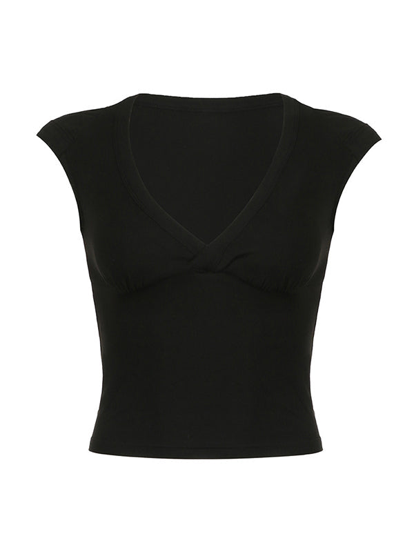 BLACK V-NECK CROP TOP Y2K SLIM FIT SHORT SLEEVE DESIGN