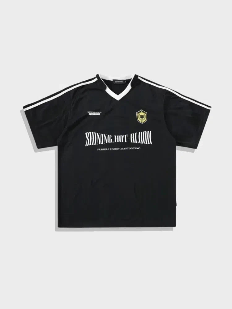 BLACK V-NECK FOOTBALL TEE WITH WHITE STRIPES - SPARKLE FOOTBALL TEE