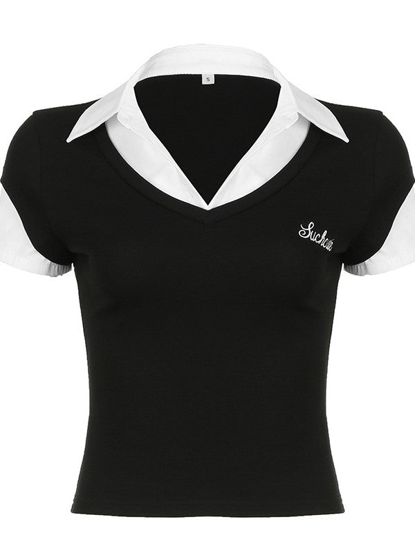 BLACK V-NECK TOP WITH CLASSIC POLO COLLAR AND LETTERING EMBROIDERY