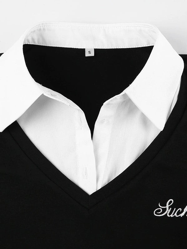 BLACK V-NECK TOP WITH CLASSIC POLO COLLAR AND LETTERING EMBROIDERY