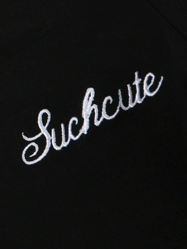 BLACK V-NECK TOP WITH CLASSIC POLO COLLAR AND LETTERING EMBROIDERY