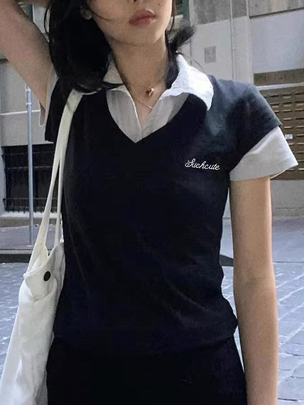 BLACK V-NECK TOP WITH CLASSIC POLO COLLAR AND LETTERING EMBROIDERY