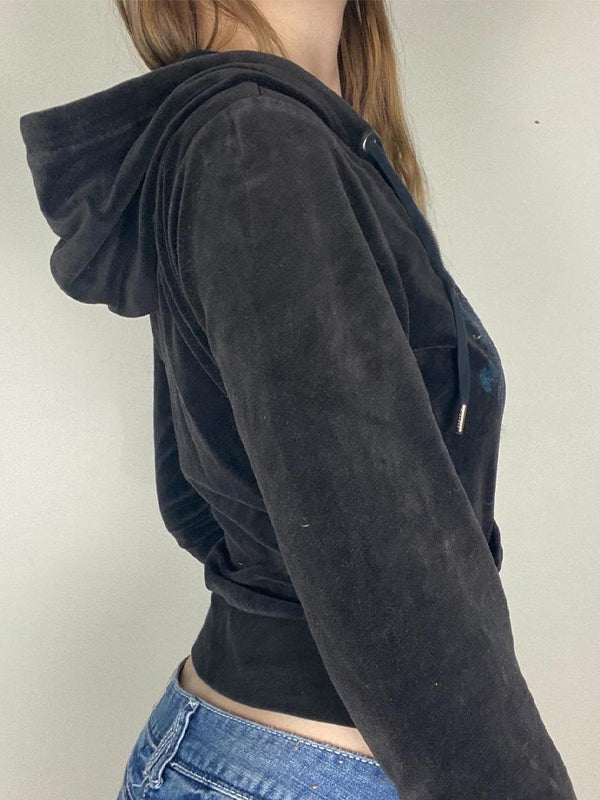 BLACK VELOUR ZIP-UP HOODIE WITH BLUE AND SILVER EMBELLISHMENTS GRUNGE VELVET HOODIE
