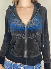 BLACK VELOUR ZIP-UP HOODIE WITH BLUE AND SILVER EMBELLISHMENTS GRUNGE VELVET HOODIE