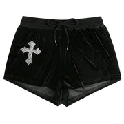 BLACK VELVET SHORTS WITH RHINESTONE CROSS FOR WOMEN