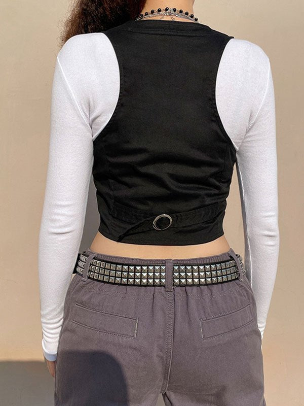 BLACK VEST WITH NECKLACES - SLIM FIT U-NECK VINTAGE STYLE