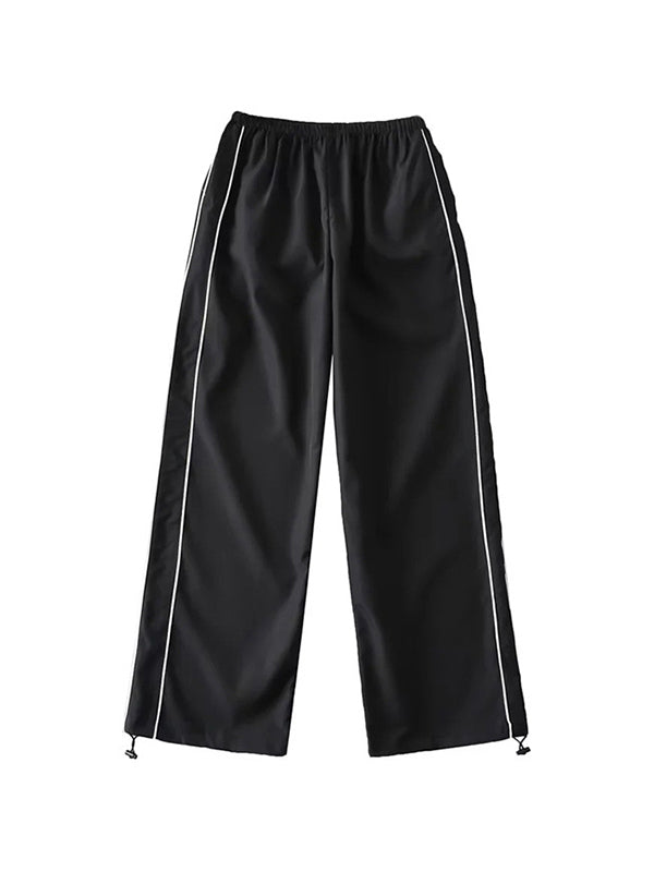 BLACK WIDE LEG TRACK PANTS WITH WHITE STRIPES Y2K FLATTERING FIT