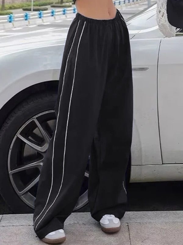BLACK WIDE LEG TRACK PANTS WITH WHITE STRIPES Y2K FLATTERING FIT