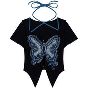 BLACK Y2K BUTTERFLY HALTER TOP