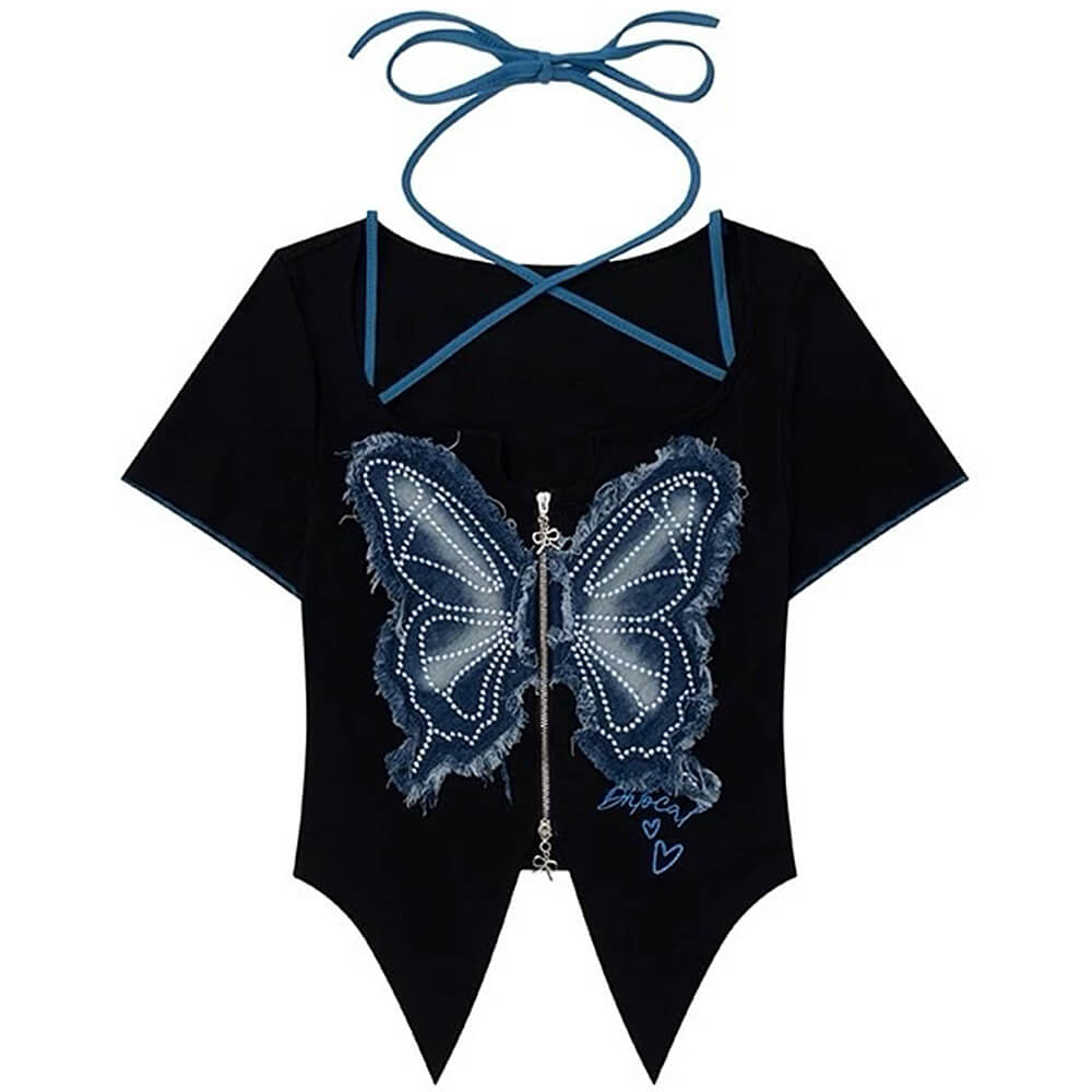 BLACK Y2K BUTTERFLY HALTER TOP
