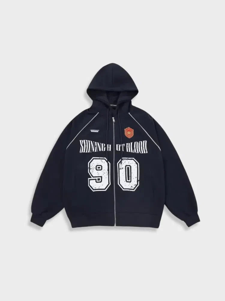BLACK ZIP-UP HOODIE WITH 90S DESIGN TO STAY WARM