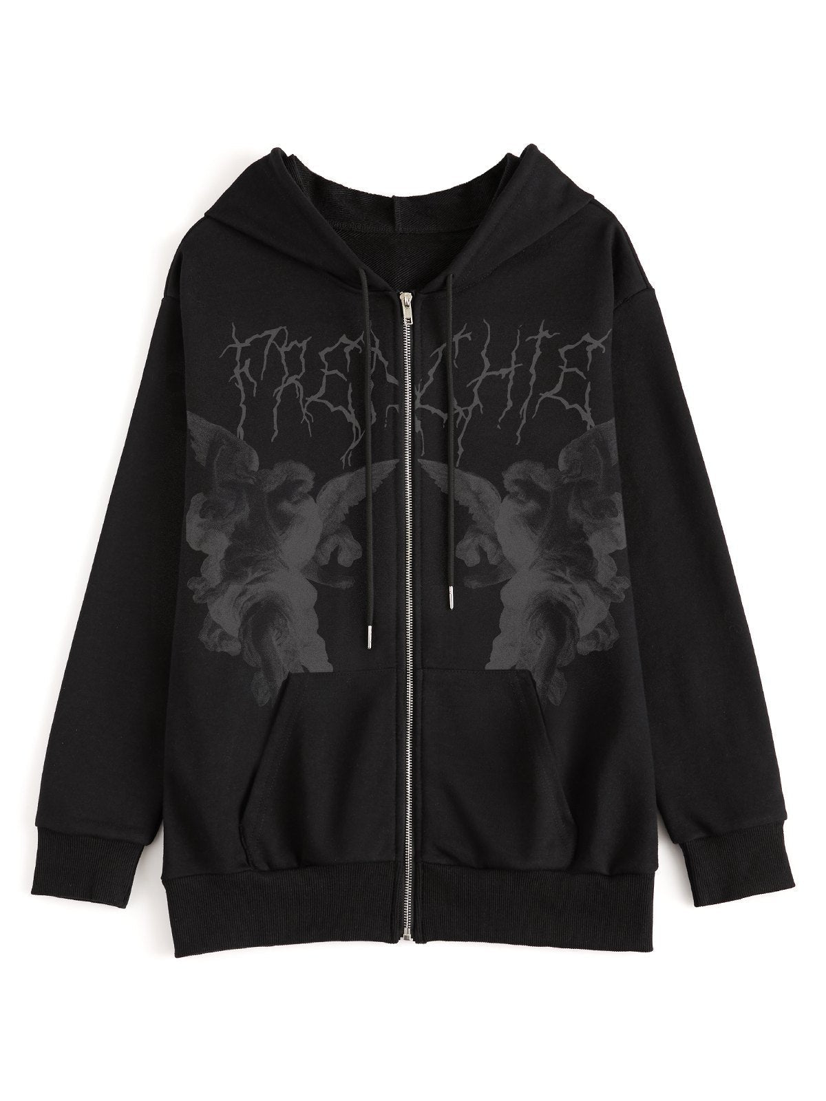 BLACK ZIP-UP HOODIE WITH ANGEL GRAPHIC CASUAL LOOSE FIT